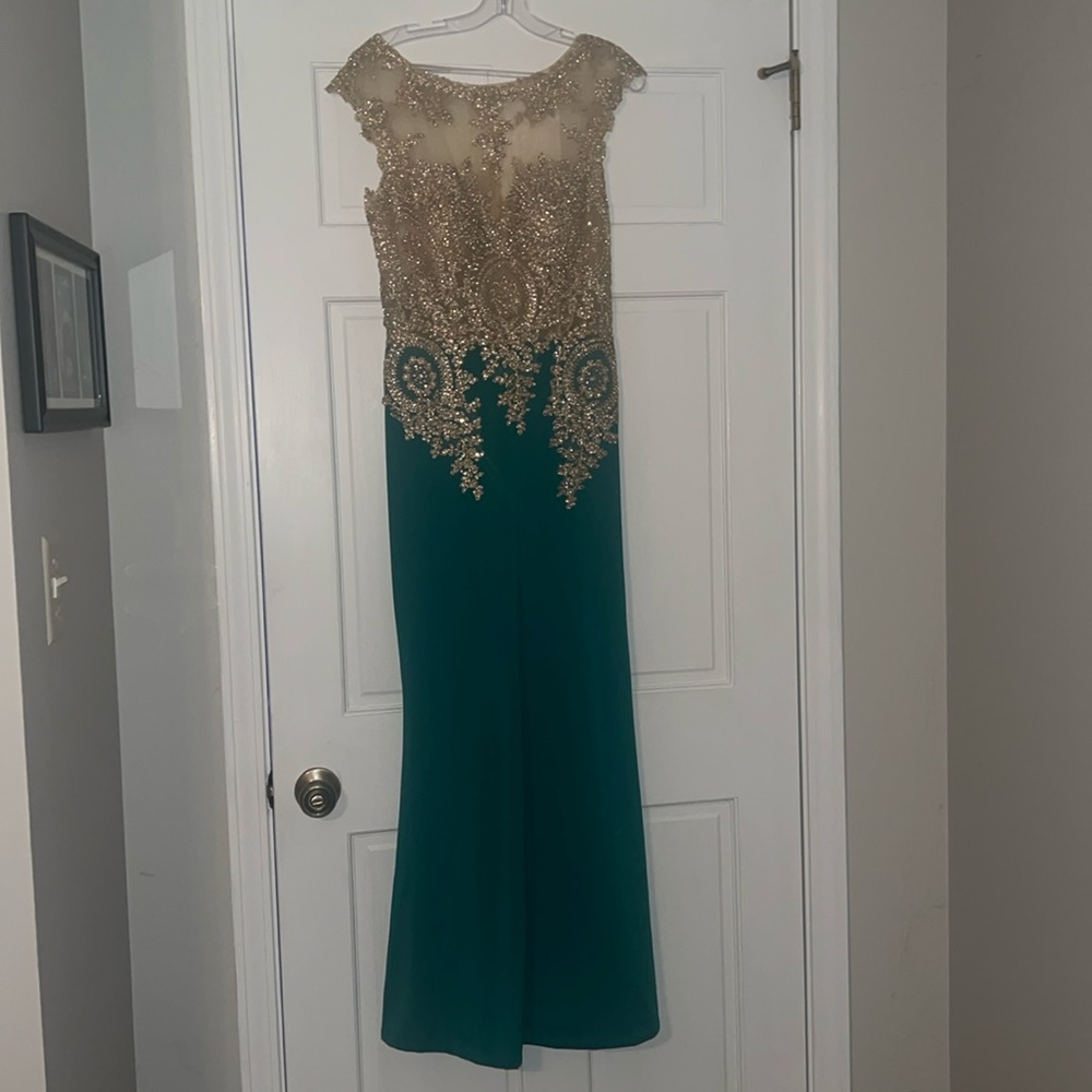Green, gold and nude prom dress